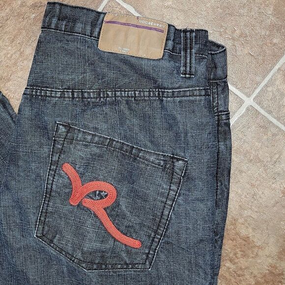 Rocawear Loose Baggy Retro Y2K Fire Jeans w Embroidered Red Logo Pocket 38 x 34 - Picture 2 of 9